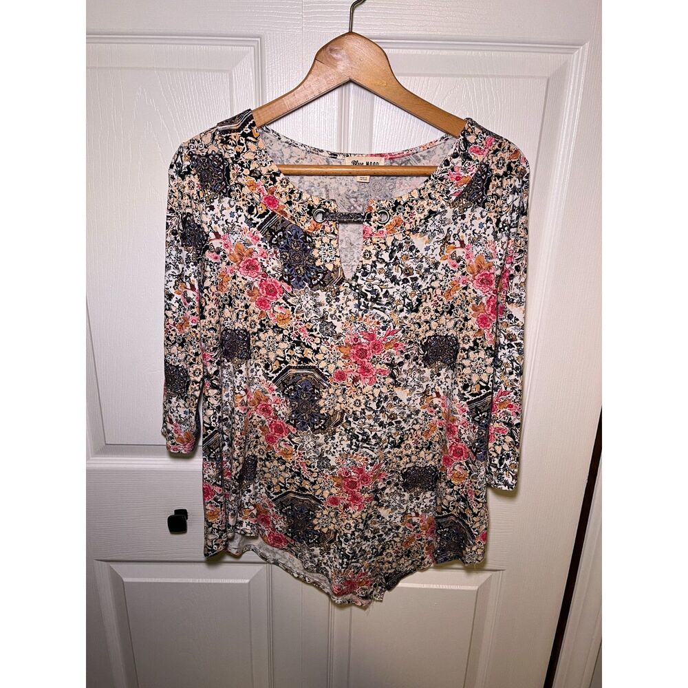 Blue Mood Womens Floral Boho Top Medium Keyhole 3/4 Sleeve Tunic